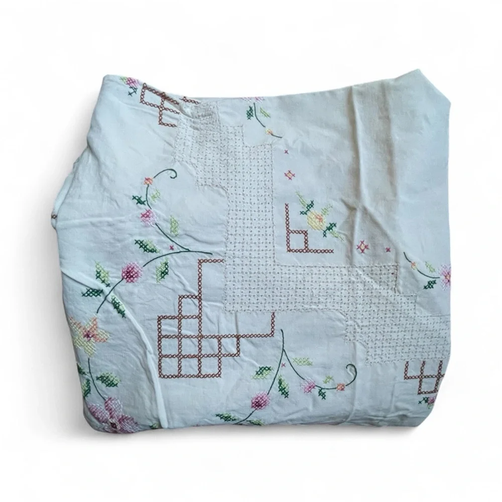 Vintage Tablecloth Hand Embroidered Floral CrossStitch 50” Sewing Upcycle craft - Picture 5 of 14